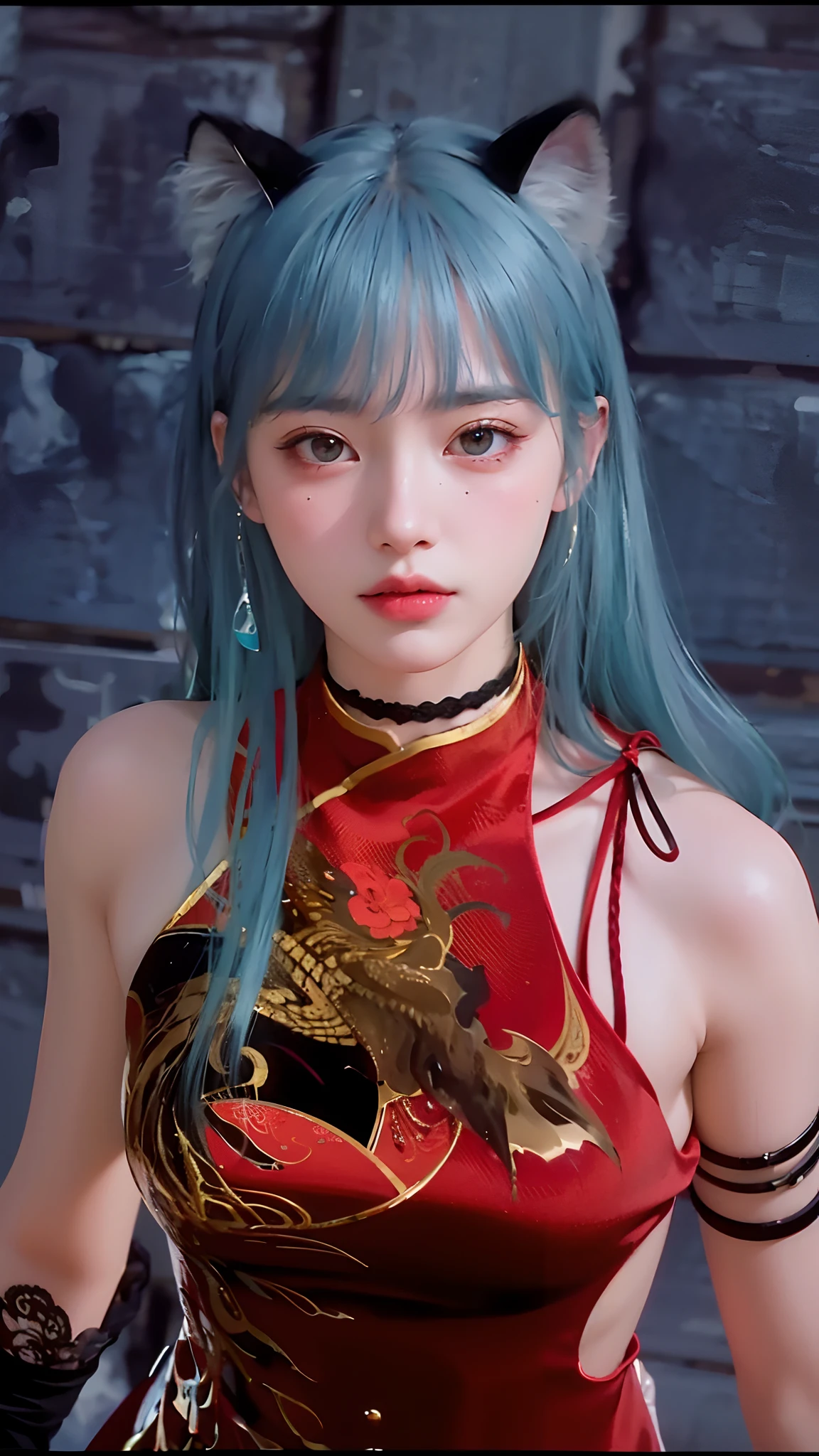 official art, unity 8k wallpaper, ultra detailed, beautiful and aesthetic, masterpiece, best quality,  (close up, face focus:1.2), (zentangle, mandala, tangle, entangle), (fractal art:1.3) , 1girl, extremely detailed,  dynamic angle, the most beautiful form of chaos, elegant, a brutalist designed, vivid colours, romanticism, by james jean, roby dwi antono, ross tran, francis bacon, michal mraz, adrian ghenie, petra cortright, gerhard richter, takato yamamoto, ashley wood, atmospheric, ecstasy of musical notes, streaming musical notes visible,hot tight red dress, ash blue hair HD, long hair HD, black ears cat HD, eyes blue HD