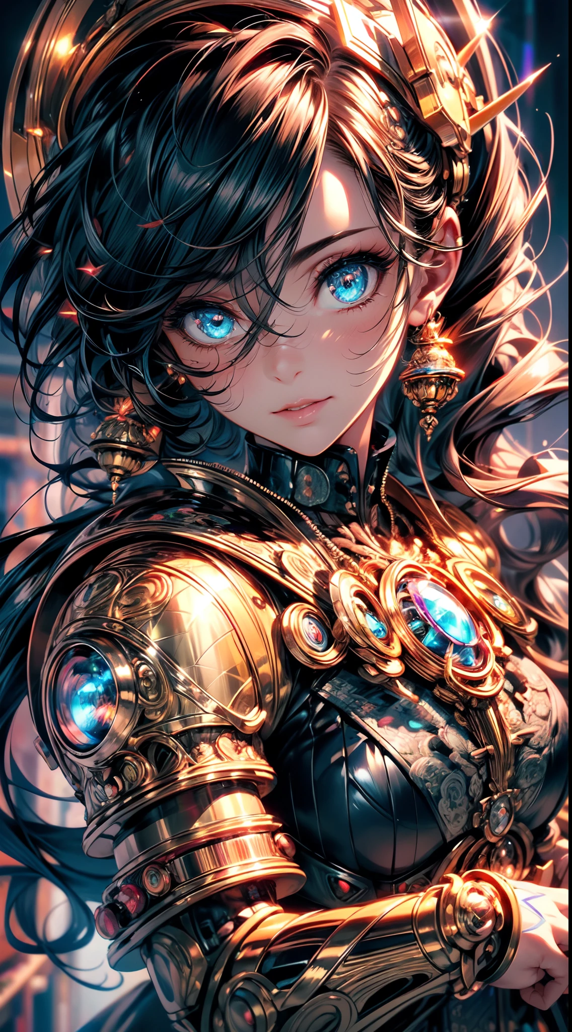 Portrait of a steampunk robot woman,intricately detailed,metallic textures,mechanical gears,exquisite craftsmanship,gorgeous Victorian fashion,captivatingly realistic eyes and facial features,long,flowing hair,golden highlights,elaborate headgear with clockwork mechanisms,impressive sense of depth,artistic shading,subtle highlights and shadows,(best quality,4k,8k,highres,masterpiece:1.2),ultra-detailed,(realistic,photorealistic,photo-realistic:1.37),HDR,UHD,studio lighting,ultra-fine painting,sharp focus,physically-based rendering,extreme detail description,professional,vivid colors,bokeh,steampunk,robot,feminine,retro-futuristic,vintage,mechanical,industrial,ornate,clockwork,machinery,sci-fi,fantasy,portrait,artstation hq,octane render,unreal engine 4,mdjrny-v4 style,steampunk aesthetic, intricate details, digital lighting, sunset gradient