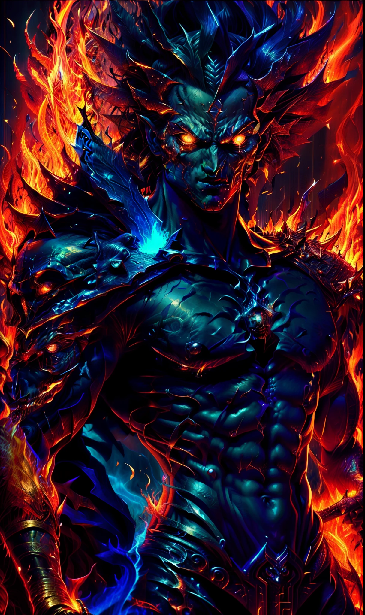a close up of a man with a fire face and a sword, male djinn man demon hybrid, djinn man male demon, demon male, human male demon, blue djinn, extremely detailed artgerm, artgerm detailed, djinn human hybrid, ne zha from smite, man male demon, fire demon, portrait of hades, full art