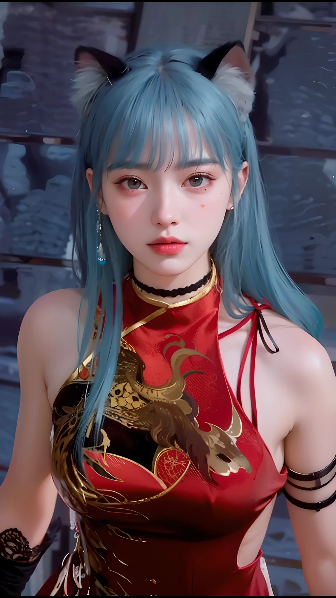 official art, unity 8k wallpaper, ultra detailed, beautiful and aesthetic, masterpiece, best quality,  (close up, face focus:1.2), (zentangle, mandala, tangle, entangle), (fractal art:1.3) , 1girl, extremely detailed,  dynamic angle, the most beautiful form of chaos, elegant, a brutalist designed, vivid colours, romanticism, by james jean, roby dwi antono, ross tran, francis bacon, michal mraz, adrian ghenie, petra cortright, gerhard richter, takato yamamoto, ashley wood, atmospheric, ecstasy of musical notes, streaming musical notes visible,hot tight red dress, ash blue hair HD, long hair HD, black ears cat HD, eyes blue HD, body perfect hd, boobs hd, perfect boobs, sexy mommy hd