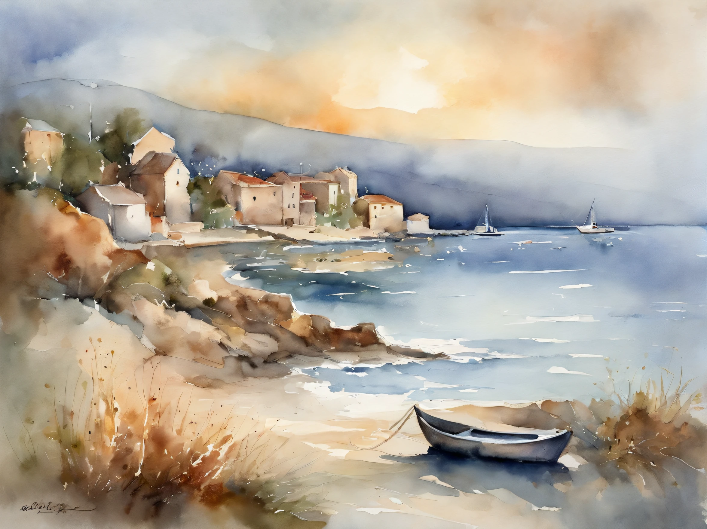 hi res stylish, elegant, sophisticated, contemporary, semi abstract seascape painting with foreground beach and waves, middle ground sea and boats, background harbor, hills and sky, based on the principles of design and composition, including depth, contrast and texture using a mix of pastel, saturated and neutral colors with some detail at the focal point