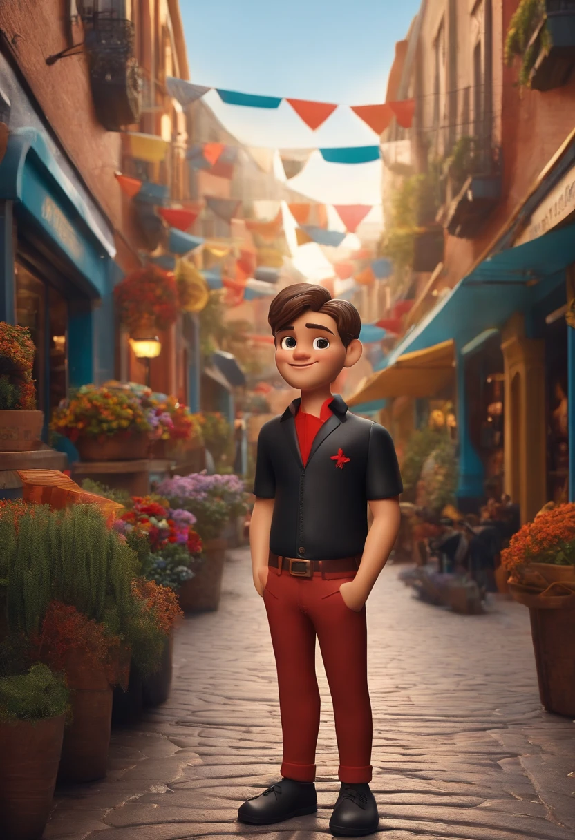 Disney/Pixar-inspired 3D poster capturing a scene of a cute 17-year-old with a soul patch beard, cabelo desbotado de navalha preta, camisa preta, Black pants on the background of a clothing store, a estampa da blusa do Karl Marx