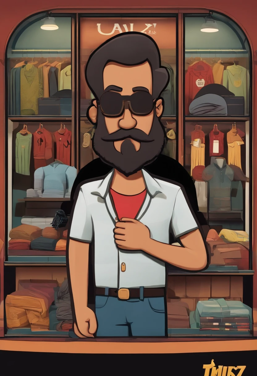 Disney/Pixar-inspired 3D poster capturing a scene of a cute 17-year-old with a soul patch beard, cabelo desbotado de navalha preta, camisa preta, Black pants on the background of a clothing store, a estampa da blusa do Karl Marx