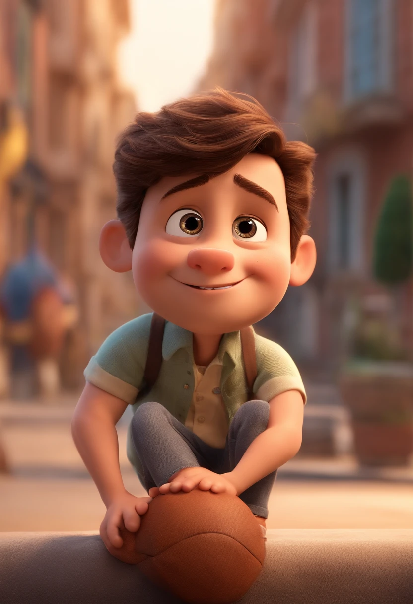 a happy cute, homem de 28 anos cabelo curto vestindo um terno social, , fundo branco, barnet, Tom, Estilo Pixar, ....3d, desenhos animados, rosto detalhado (baseado na  imagem) asymmetrical 16k homem de 28 anos, cabelo escuro, olhos castanhos claros, em uma avenida movimentada, com roupas sociais, terno, estilo pixar, realista