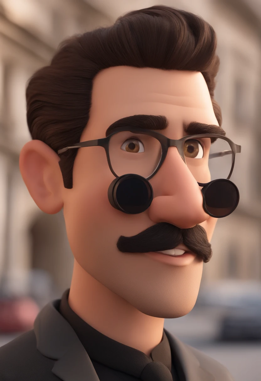 a happy cute, homem de 28 anos cabelo curto vestindo um terno social, , fundo branco, barnet, Tom, Estilo Pixar, ....3d, desenhos animados, rosto detalhado (baseado na imagem) asymmetrical 16k homem de 28 anos, cabelo escuro, olhos castanhos claros, em uma avenida movimentada, com roupas sociais, terno, estilo pixar, realista