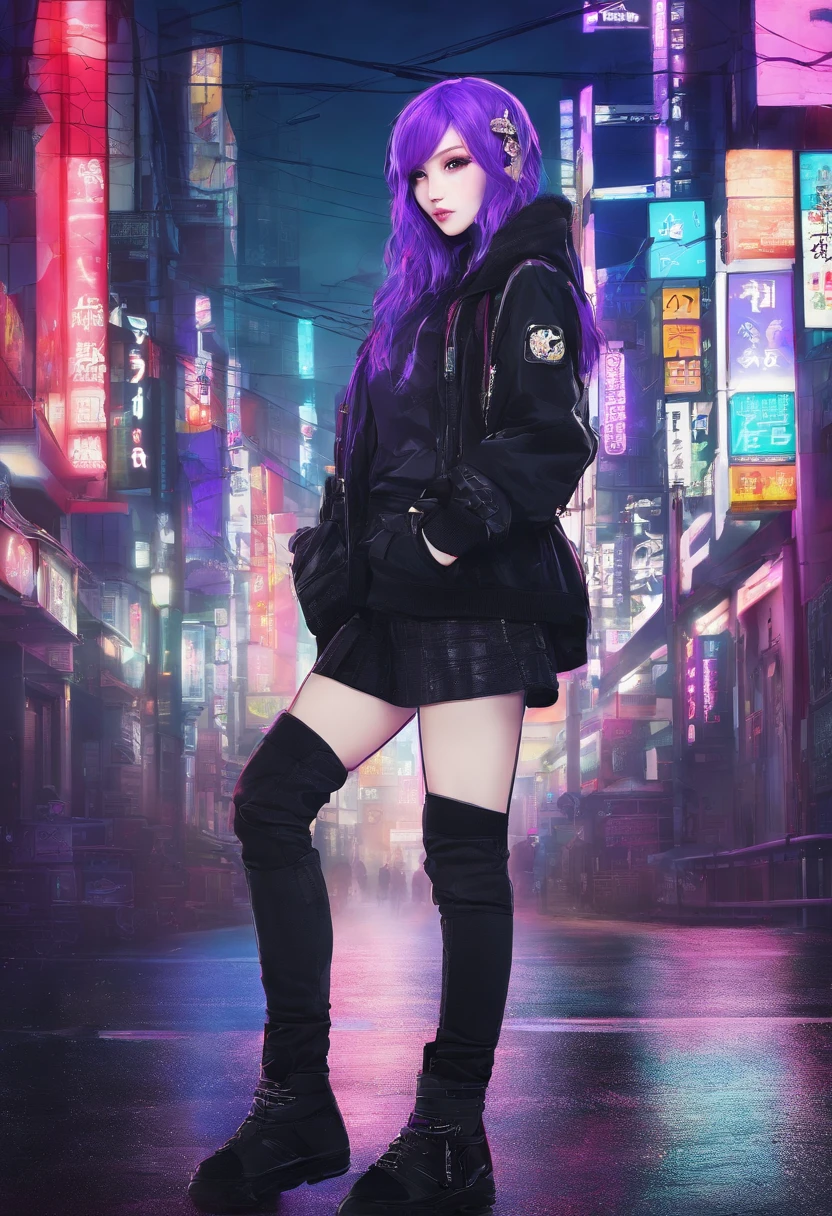 japanaese girl,pale skin,beatiful face(purple hair)red jacket,Tokyo at night, cold girl, wearing black sweater,Japanese streetwear,Tokyo Fashio,In a Cyberpunk 2 jacket 0 7 7,Full-length,attractive pose,Bottom view, purple hair, long smooth,Mole under left eye