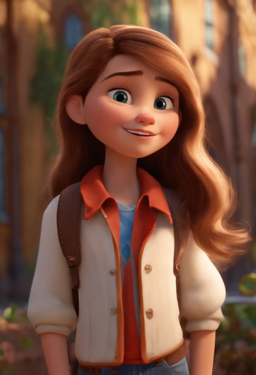 Image: Pixar Style: White Character, Straight Hair, Medium Hair in Jeans and Dark Eyes Pre Teen Child