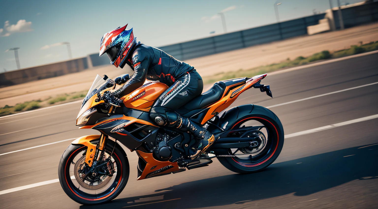 Motorcycle front wheel, riding guy, fast speed, details character, character details, low angel photography, front view, bright colors masterpiece, sharp focus, Unreal Engine 5, Cinematic, Perfect color grading, Hyper-detailed, insanely details, Intricate details, editorial photography
