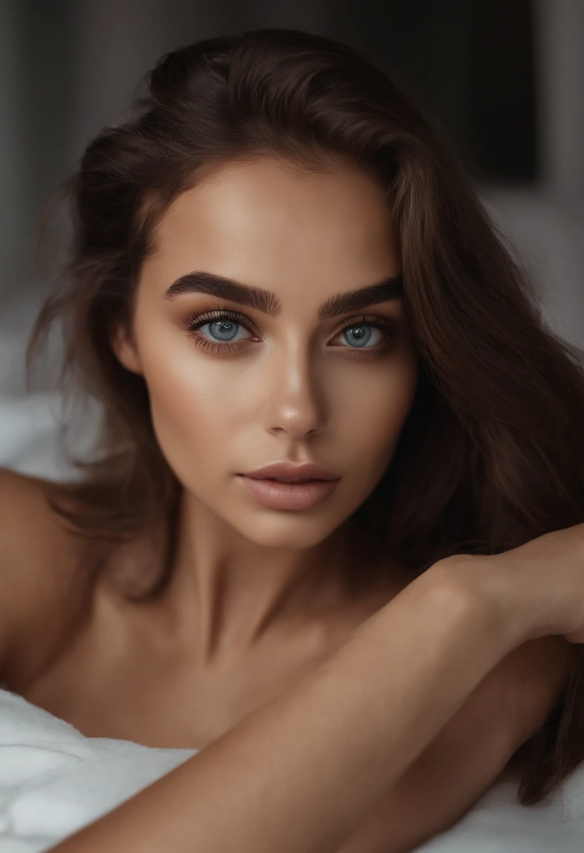 Mujer arafada con , Chica sexy con ojos marrones, Retrato Sophie Mudd, brown hair and large eyes, selfie de una mujer joven, Ojos del dormitorio, Violeta Myers, sin maquillaje, Maquillaje natural, staring directly into camera, cara con artgram, maquillaje sutil, Impresionante foto de cara completa, En el dormitorio, escote, ultra realista