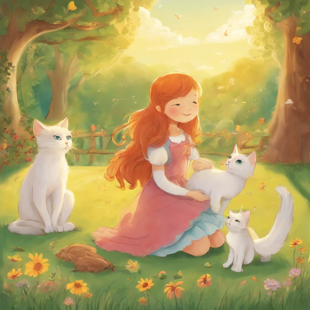 A 10-year-old chestnut-haired girl and a light gray cat are basking in the sun on the lawn of a sun-drenched park Fantastic and happy feeling The overall design is classical and the color is strong yellow Picture book illustrations