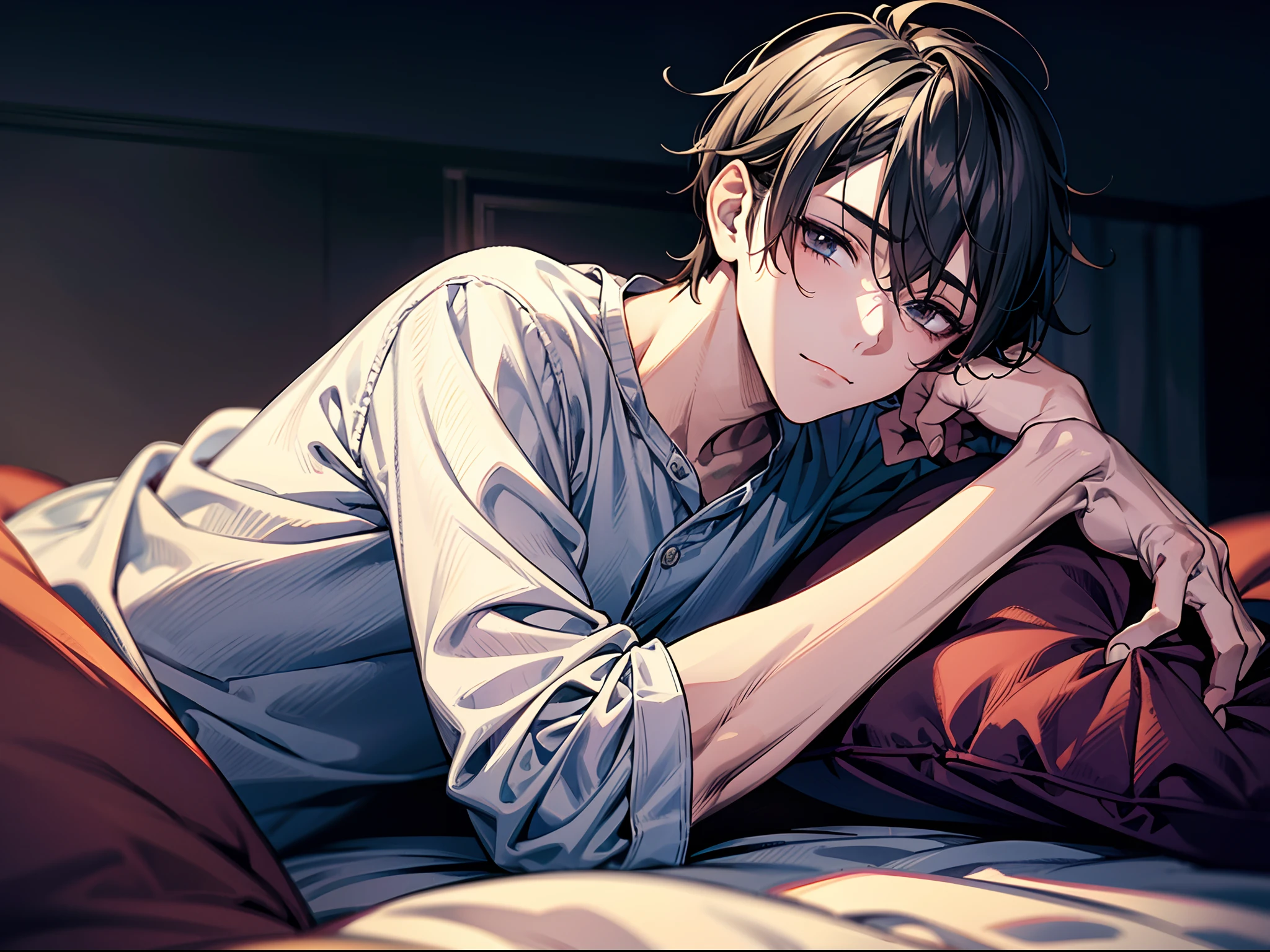masutepiece, Best Quality, Boy in pajamas lying on bed, Solo, Hairstyle unkempt, impatience, finely eye and detailed face, Dark midnight background, Dimly lit bedroom, resting on a pillow, Head on pillow, From Side, look at viewer, Dynamic Angle