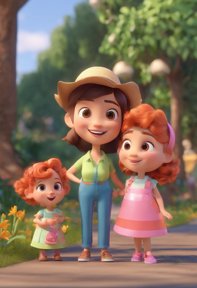 Estilo Pixar: Familia, Um pai, A mother and two girls. Uma menino de 6 anos e outro de 2 anos . Uma fazenda com vacas lindas e marrom .