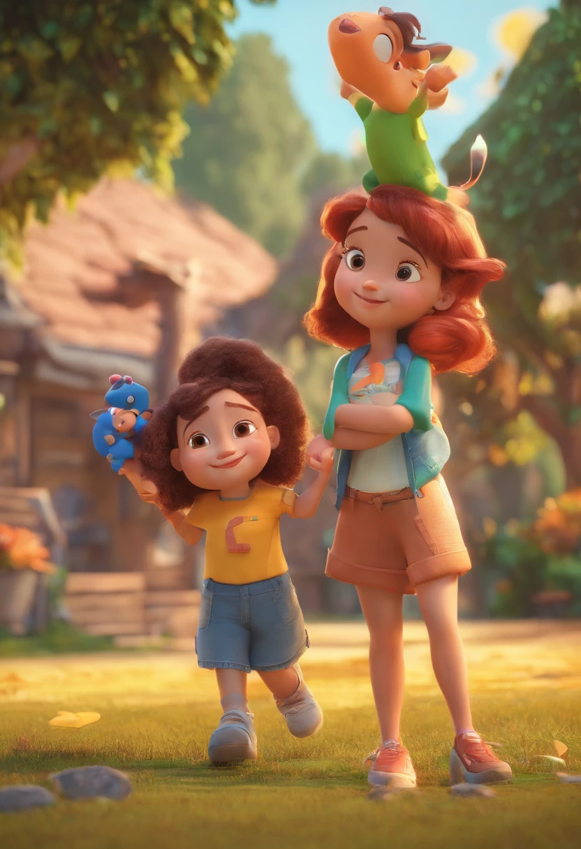 Estilo Pixar: Familia, Um pai, A mother and two girls. Uma menino de 6 anos e outro de 2 anos . Uma fazenda com vacas lindas e marrom .