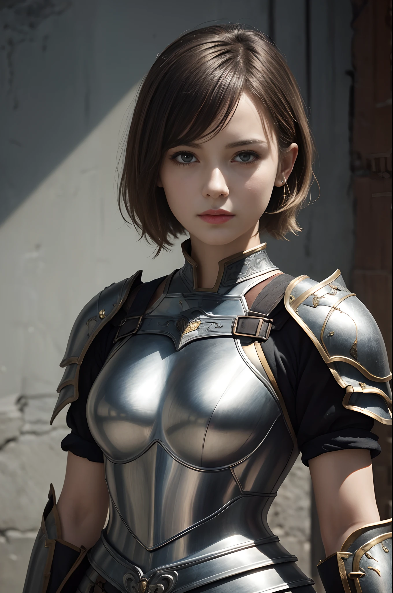 8K,超A high resolution,((Top image quality))、((​masterpiece))、(High Detail:1.3)、jeanne d'arc,Short-haired with short colors,Woman in black armor、length hair。Precise details of the decoration of the chest armor、Wartime scenes of armor damage