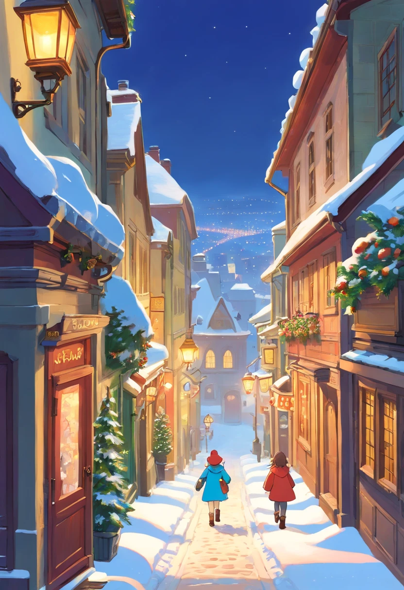 Conjure a whimsical outdoor scene as the young girl explores the snow-covered streets of Quebec City. Visualize her footprints in the snow, accompanied by distant conversations and the occasional jingle of sleigh bells, like a scene straight from the enchanting world of Studio Ghibli.