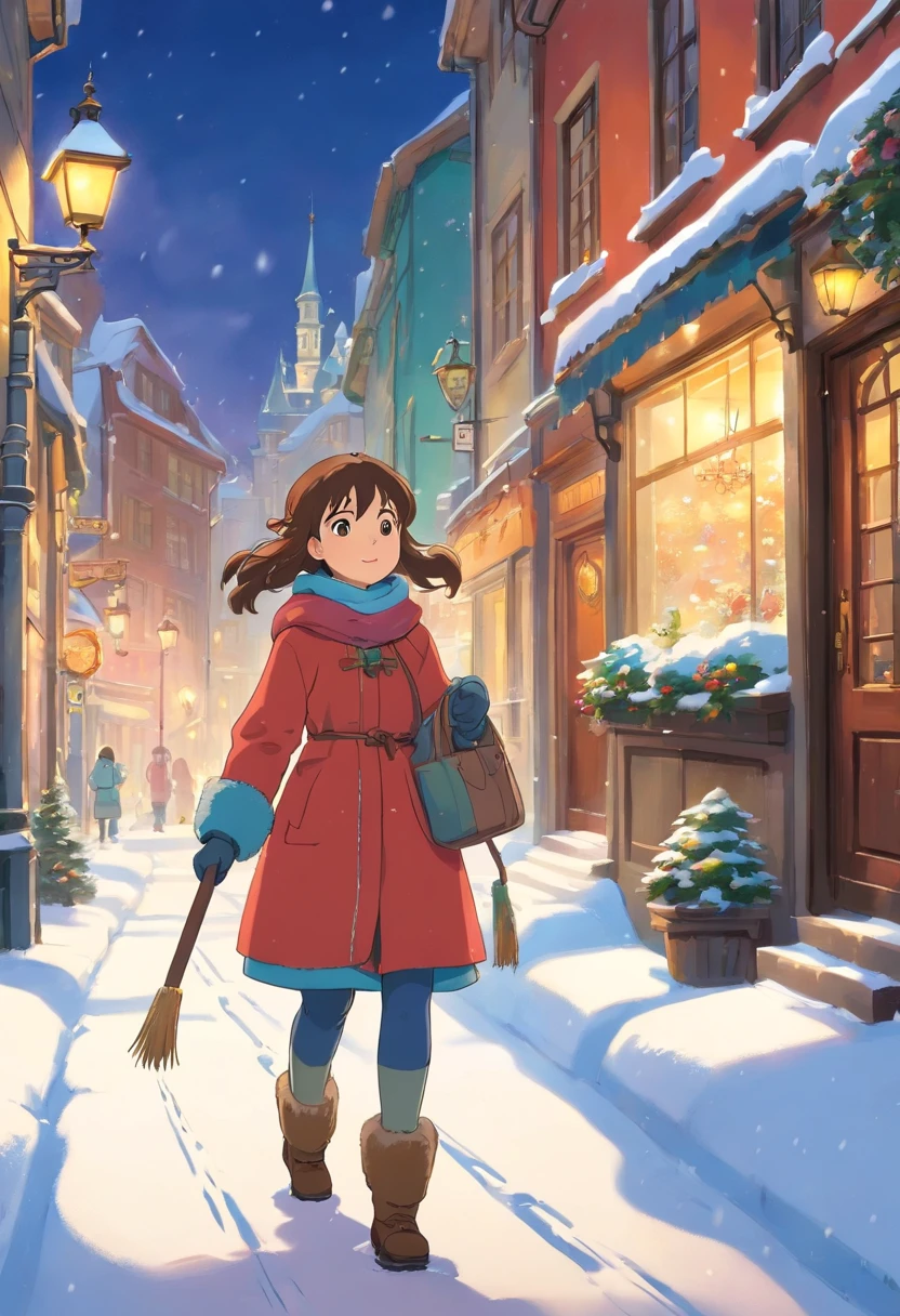 Conjure a whimsical outdoor scene as the young girl explores the snow-covered streets of Quebec City. Visualize her footprints in the snow, accompanied by distant conversations and the occasional jingle of sleigh bells, like a scene straight from the enchanting world of Studio Ghibli.