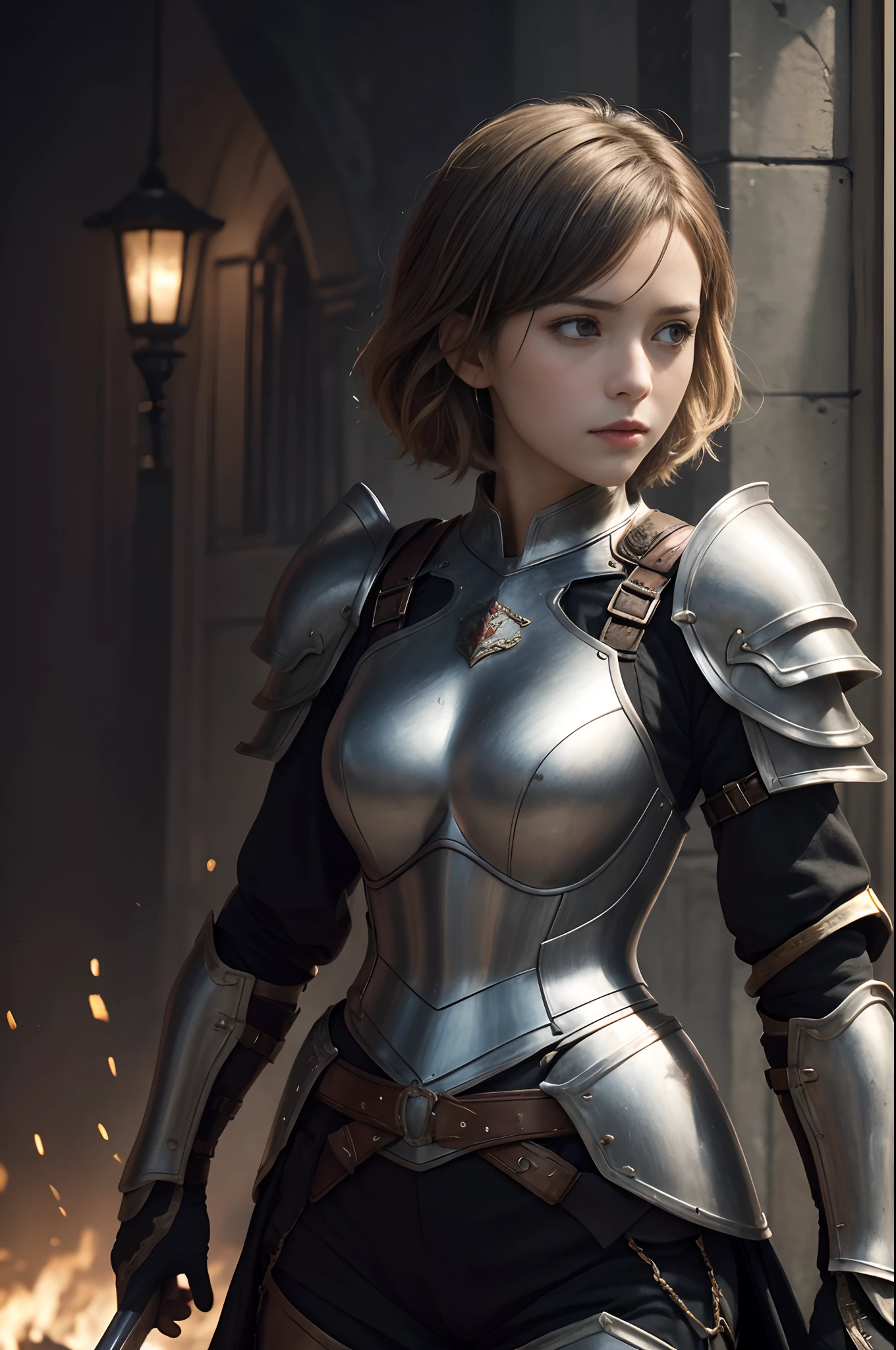 8K,超A high resolution,((Top image quality))、((​masterpiece))、(High Detail:1.3)、jeanne d'arc,Short-haired with short colors,Woman in black armor、length hair。Precise details of the decoration of the chest armor、Wartime scenes of armor damage