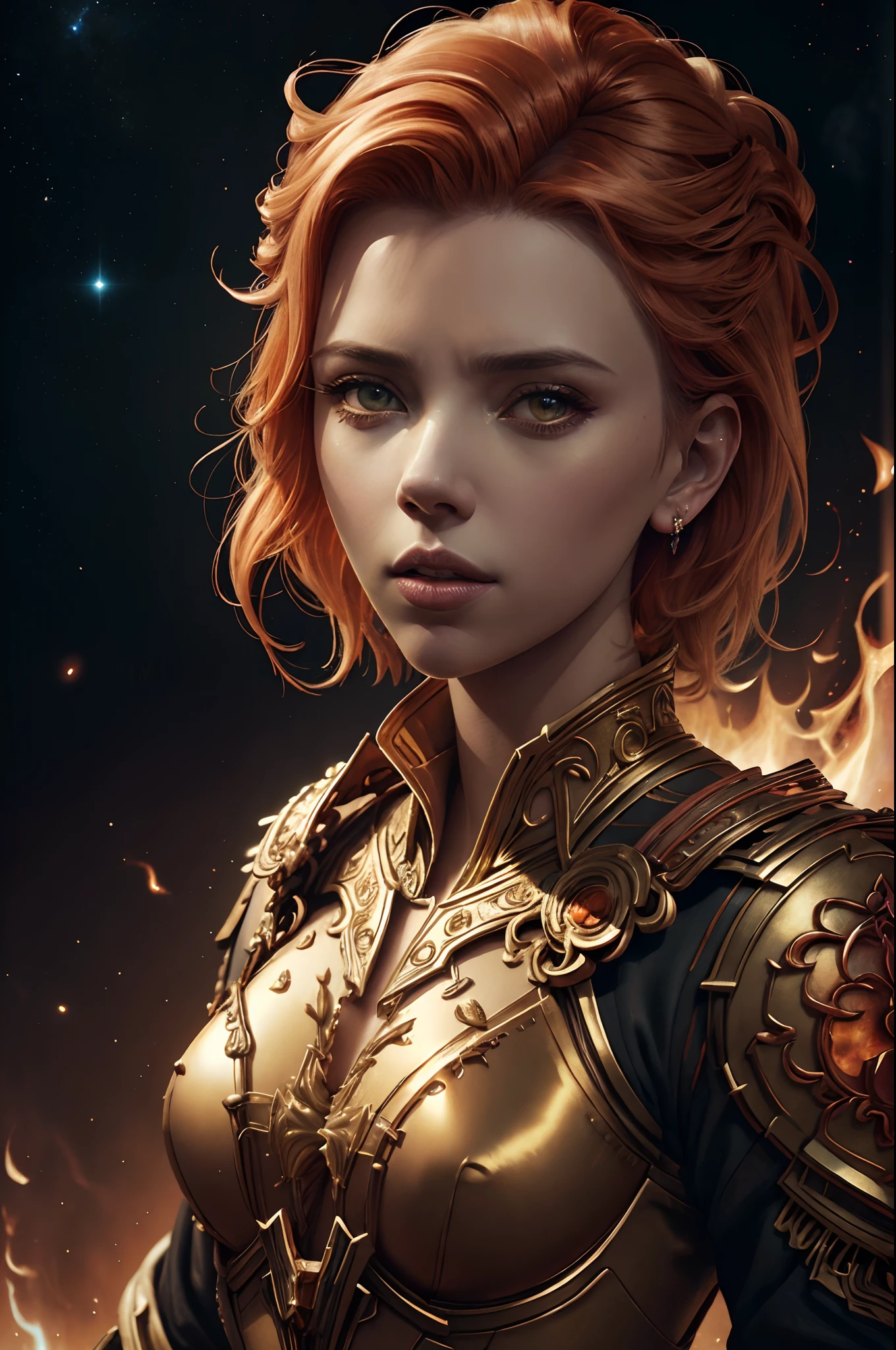 watercolour fantasy style portrait, actress Scarlett Johansson, celestial being, goddess of war and flame, thoughtful serious face, detailed glowing orange eyes, short gold hair, flames around and dark space background, stylized watercolor digital illustration, attractive, fashion, cinematic light, tender colours, luminism, highly detailed, character sheet, 8k UHD, masterpiece, ultra fine detail