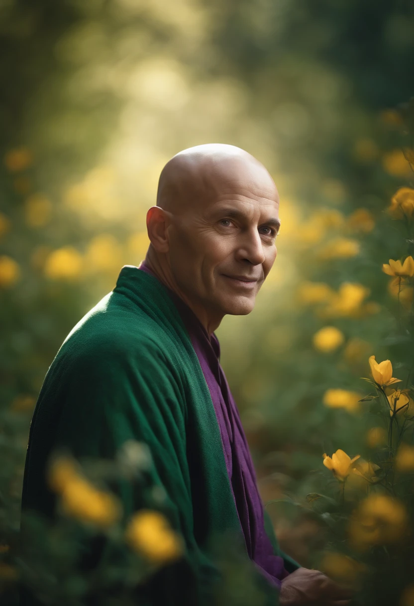 Create a painting depicting a bald, wise, and enlightened man who appears hyper-realistic, as if he were real. This man has a contemplative face, with bright eyes and deep knowledge. His gentle smile radiates warmth and confidence. The sunlight shines down, creating an ethereal and dreamy atmosphere around this man. In the background of the painting, there are lush green fields, with purple and yellow flowers blooming abundantly, symbolizing freshness and growth. Utilize your creative abilities to bring forth a vivid and inspiring painting!