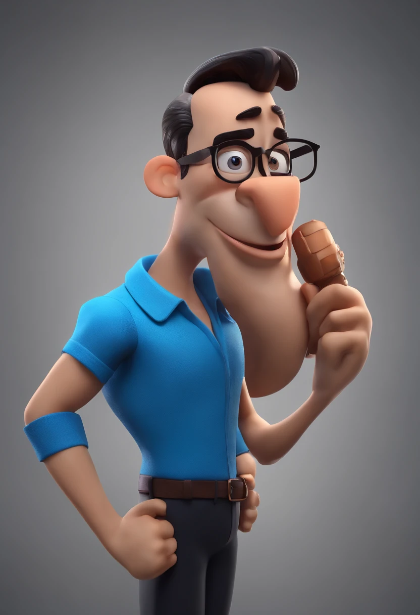 Cartoon character of a man wearing black glasses and a blue shirt, um personagem animado, Caractere estilizado, animation style rendering, 3D estilizado, Arnold Maya render, 3 d render stylized, toon render keyshot, Personagem 3D, Personagem 3D, 3d rendering stylized, 3 d character render, personagem de desenho animado, Personagem de close up, Pose de personagem, (Estilo Pixar) (master part:1.2) (Bokeh) (best quality) (pele detalhada) (textura detalhada) (8k) (argila) (Cinematic lighting) (foco nítido，Senta e vaza a parte superior do corpo