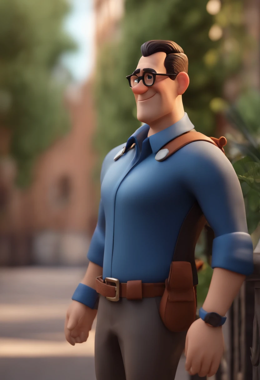 Cartoon character of a man wearing black glasses and a blue shirt, um personagem animado, Caractere estilizado, animation style rendering, 3D estilizado, Arnold Maya render, 3 d render stylized, toon render keyshot, Personagem 3D, Personagem 3D, 3d rendering stylized, 3 d character render, personagem de desenho animado, Personagem de close up, Pose de personagem, (Estilo Pixar) (master part:1.2) (Bokeh) (best quality) (pele detalhada) (textura detalhada) (8k) (argila) (Cinematic lighting) (foco nítido,Senta e vaza a parte superior do corpo