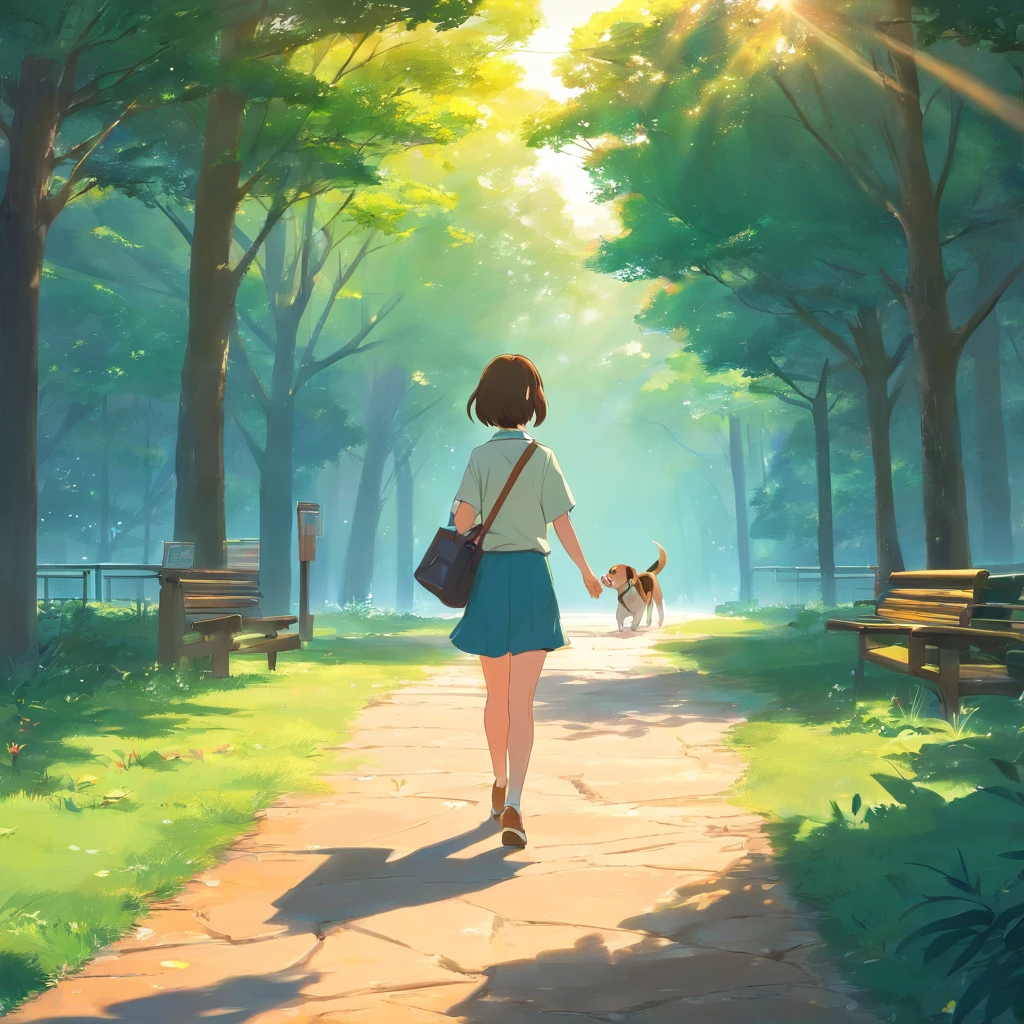 Pieza maestra, Una Beagle, de medianaedad, Estilo de matriz, Paseando por el parque, caminando por la acera, Dynamic Angle, mejor calidad, 4k, solo la perra, sin humanos