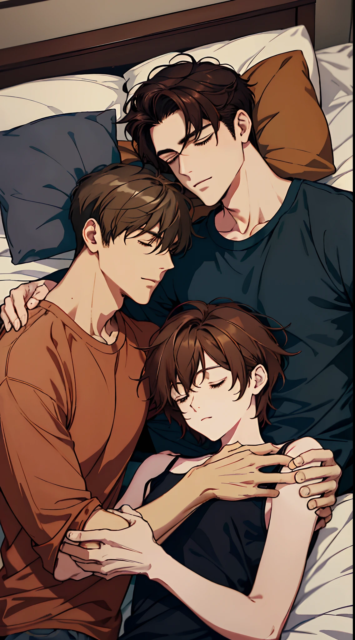 (Two men) ,Couples between men、30-years old, Mature, tall, Cool Mousse Brown Hair, Casual loungewear, Composition sleeping together in a small bed。Looking down from above, They are about to fall out of bed. Their limbs are touching each other. (Dark bedroom on a summer night). Extremely high quality, High image quality, Extremely delicate drawing