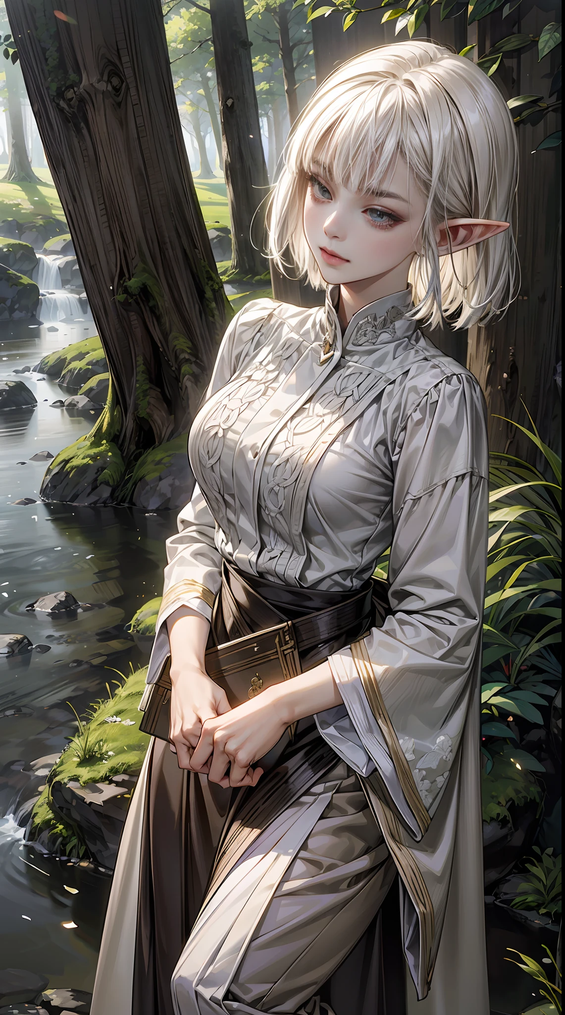 An image of a female elf exuding tranquility and elegance as she leans against a majestic tree in an enchanted woodland, by Yusuke Murata, Concept Art, Elf, Bob Cut, White Hair, Documentary Photography, Dramatic Lighting, GoPro HERO9 Black, Ground Level-view, Canon EF 16-35mm, Chic Outfit, insanley detailed face and eyes, Perfect lips.