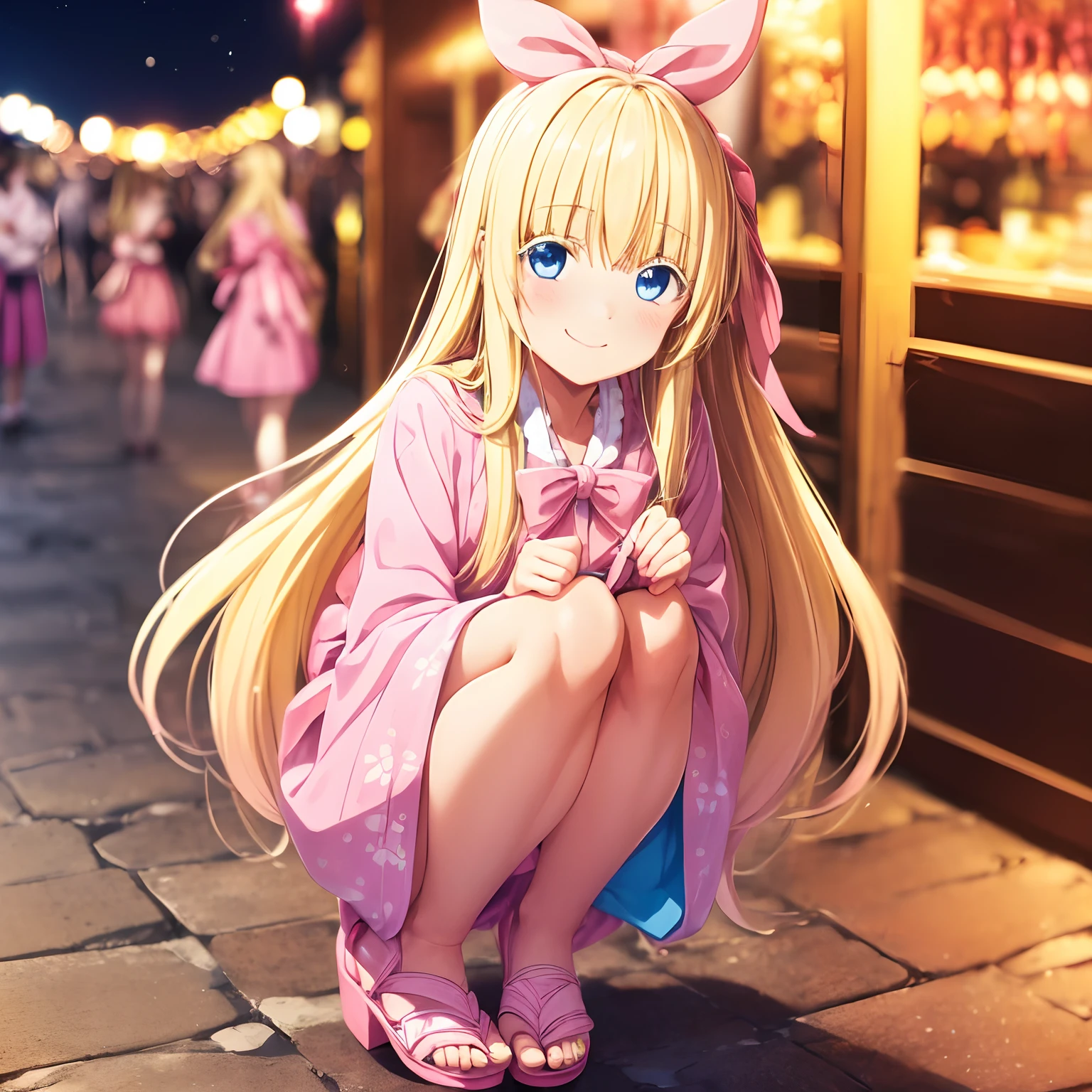 (((Cute blonde woman, long hair with pink bow, Blue eyes))), pink yukata, 8k, shy smiling, pink lips, pink sandals, pink nails, in festival at night