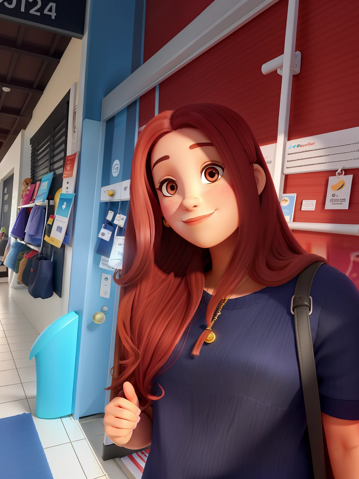 Uma mulher sendo iluminada pelo sol rindo com o cabelo vermelho na frente de uma loja roupa preta atras dela uma parede de vidro com um porta vermelha