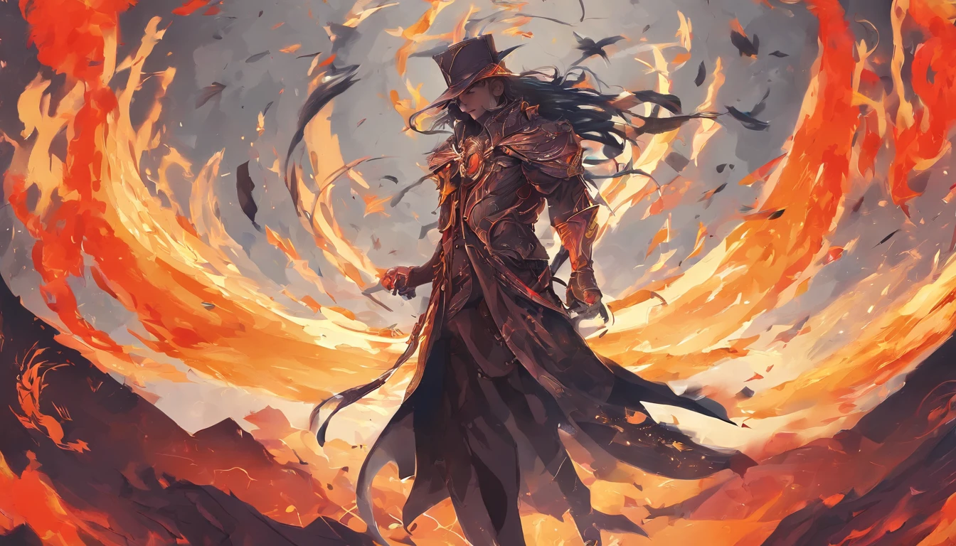 animesque、illustratio、Horoscope, a mythological image of a man as a symbol of video editing software, surrounded by burning flames dancing around them. On the horizon, he hints at Aries, symbolizing dynamism and determination. Make sure the image conveys a sense of power and creativity related to fire and the element of air. 8K hight resolution.