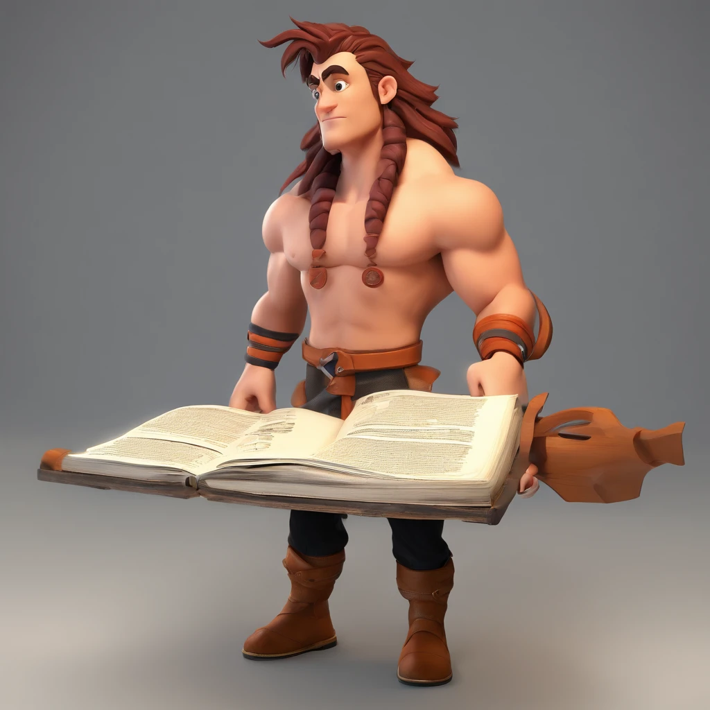 Crie um cartaz inspirado na Disney Pixar com o personagem sendo o Anderson jamil galvao, Um jovem de cabelos muito curto bem raspado, Under-muscled and shirtless, tendo um rosto do naruto tatuado em um dos ombros,in an office with a Bible on the table