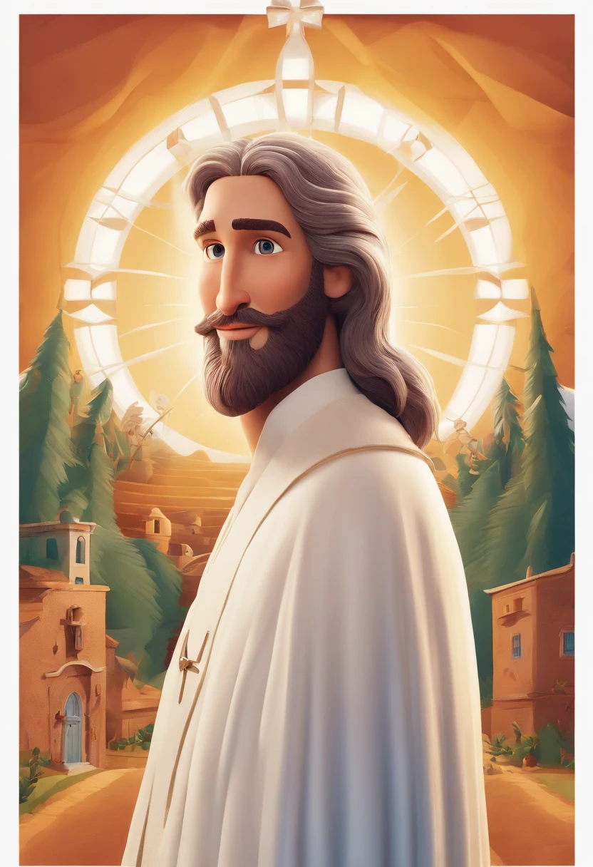 Um menino feliz de Jesus Cristo com os cabelos cumpridos e de barba, fundo branco, barnet, Tom, Estilo Pixar, ....3d, desenhos animados, rosto detalhado, asymmetrical 16k