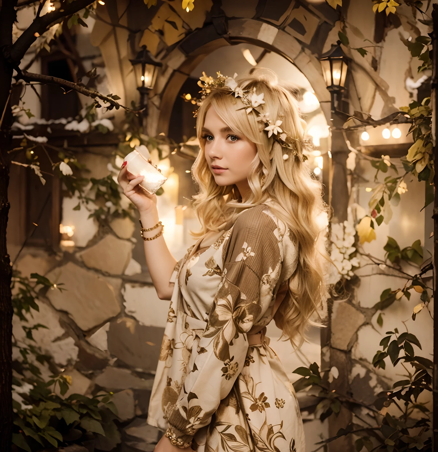 Blonde woman with short blonde hair, Beautiful hairstyle with decorations in hands something New Year, En plein air, exteriors, In warm clothes