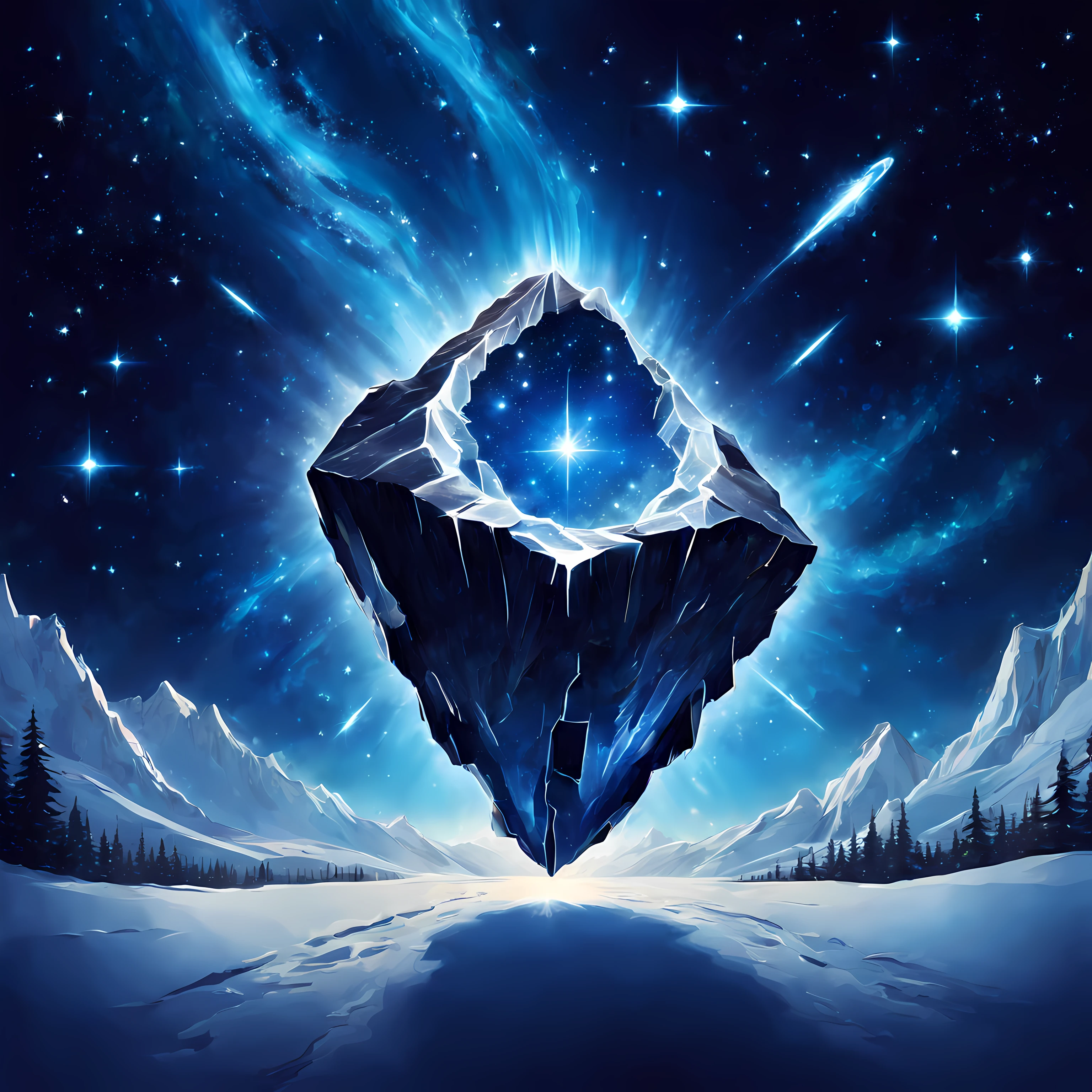 logo, a (huge) rectangular logo of a shiny blue ((huge icy meteorite)) with long distinct trail, (((breathtaking starry cosmic background))), ((mystical taiga)), epic, travelers, LogoRedAF