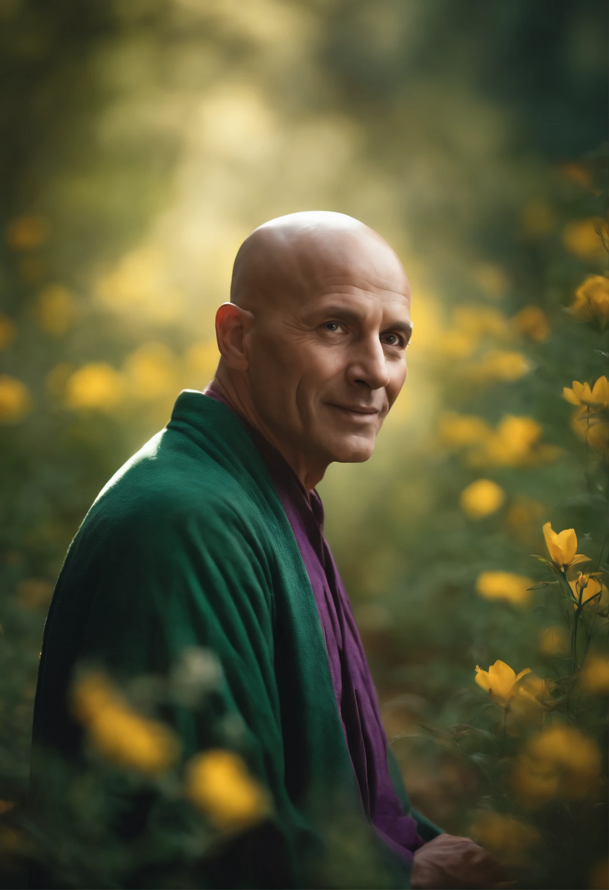 Create a painting depicting a bald, wise, and enlightened man who appears hyper-realistic, as if he were real. This man has a contemplative face, with bright eyes and deep knowledge. His gentle smile radiates warmth and confidence. The sunlight shines down, creating an ethereal and dreamy atmosphere around this man. In the background of the painting, there are lush green fields, with purple and yellow flowers blooming abundantly, symbolizing freshness and growth. Utilize your creative abilities to bring forth a vivid and inspiring painting!