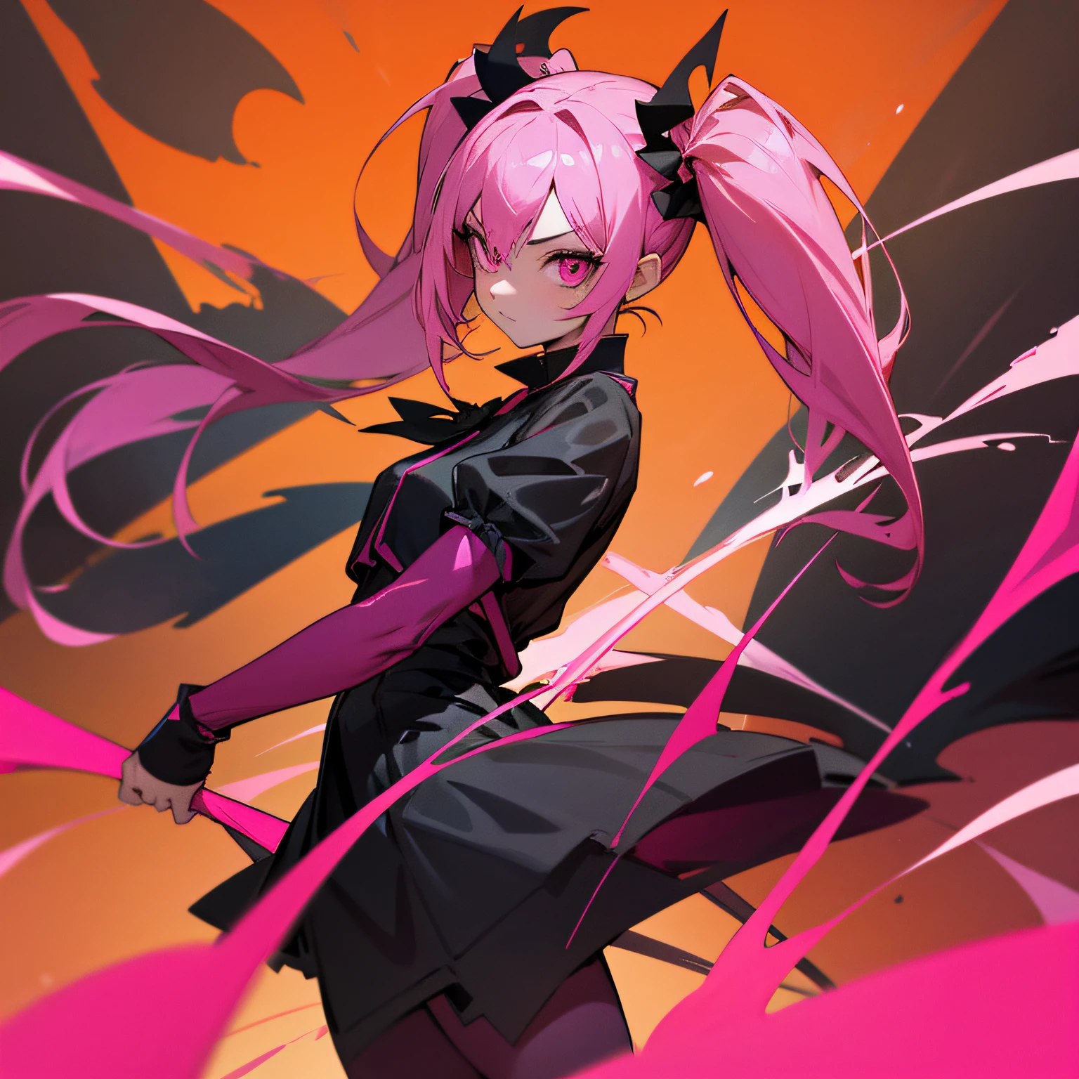 1girl, pink twintail hair, pink eyes, wearing black devil cosplay, haloween, half body, flame background, high res, ultrasharp, 8k, masterpiece, looking at viewer
