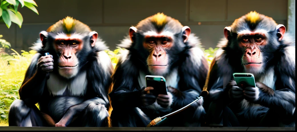 four big monkeys,  one is  closing it eyes, one is cover it ears, one is  close it mouth, one is read  cell phone,