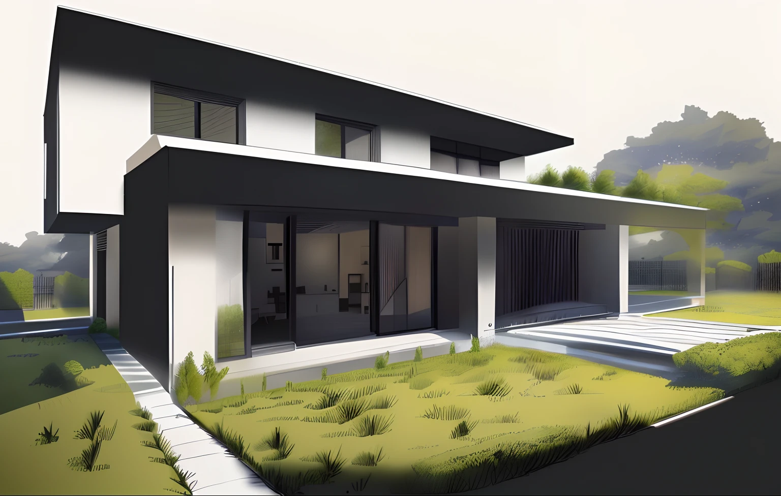 a sketch of a house with a garden and a bench, sketch black and white colors, sketch illustration, architectural sketch, architecture drawing, black and white detailed sketch, house and home, drawing architecture, house illustration, outlined hand drawn, architectural illustration, highly detailed sketch, house on background, architectural design, sketch style, architecture design, sketchy, architectural drawing