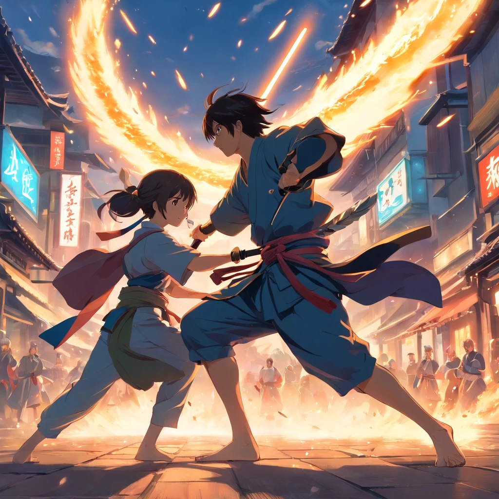 Pieza maestra, Action scene between a samurai and a medieval warrior,  epic battle , Dynamic Angle, mejor calidad, 4k