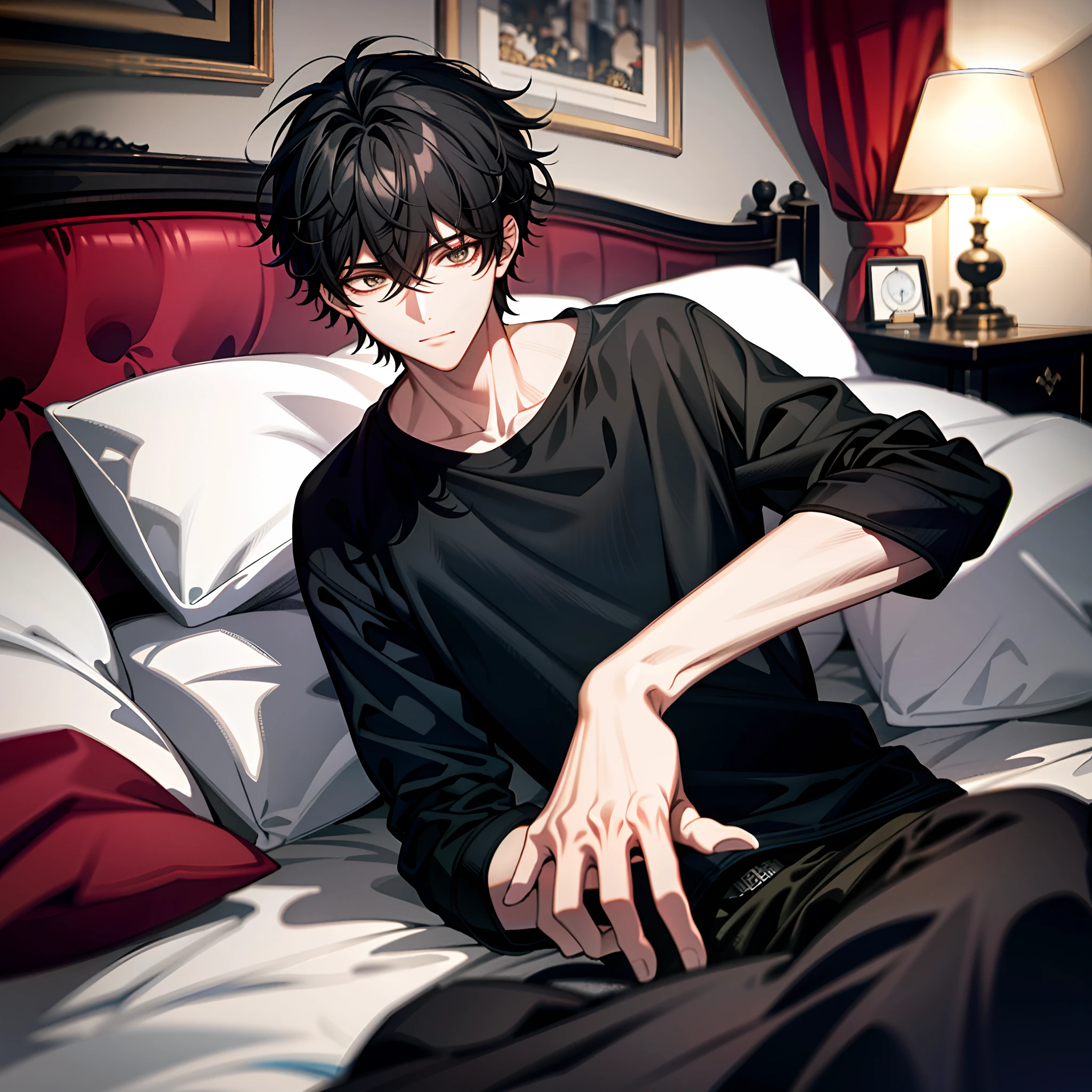 Masterpiece, best quality, high quality, ultra detailed, Absurd resolution, high resolution, (masterpiece: 1.4), hyper-detail, night, young man messy short black hair, black casual clothes, eerie room, lying in bed, holding an alarm clock