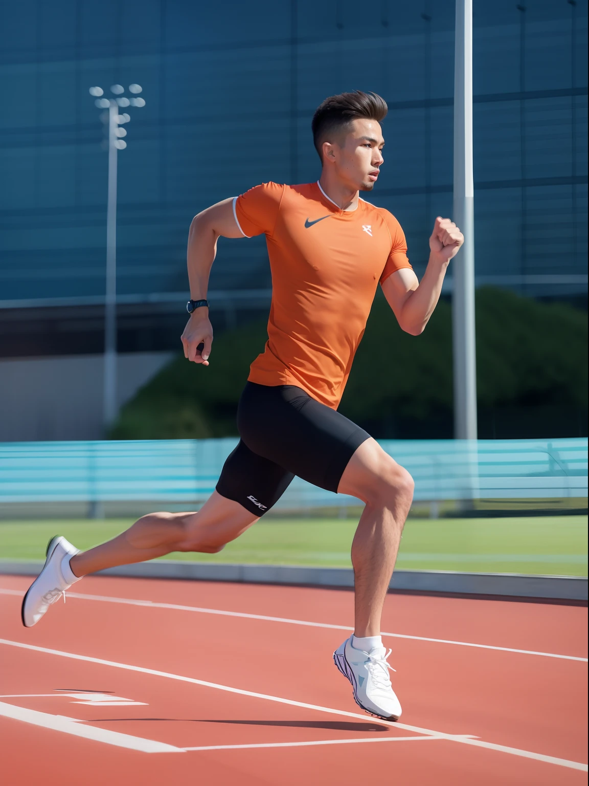 There was a man running on the runway, sprinting, running pose, dynamic active running pose, Correr libremente, wearing track and field suit, running sequence, running fast towards the camera, dynamic action shot, sport outfit, Fast movement, high intensity, wearing fitness gear, Sprinters participate in competitions, action shot, Zhongyuan Zheng Lei