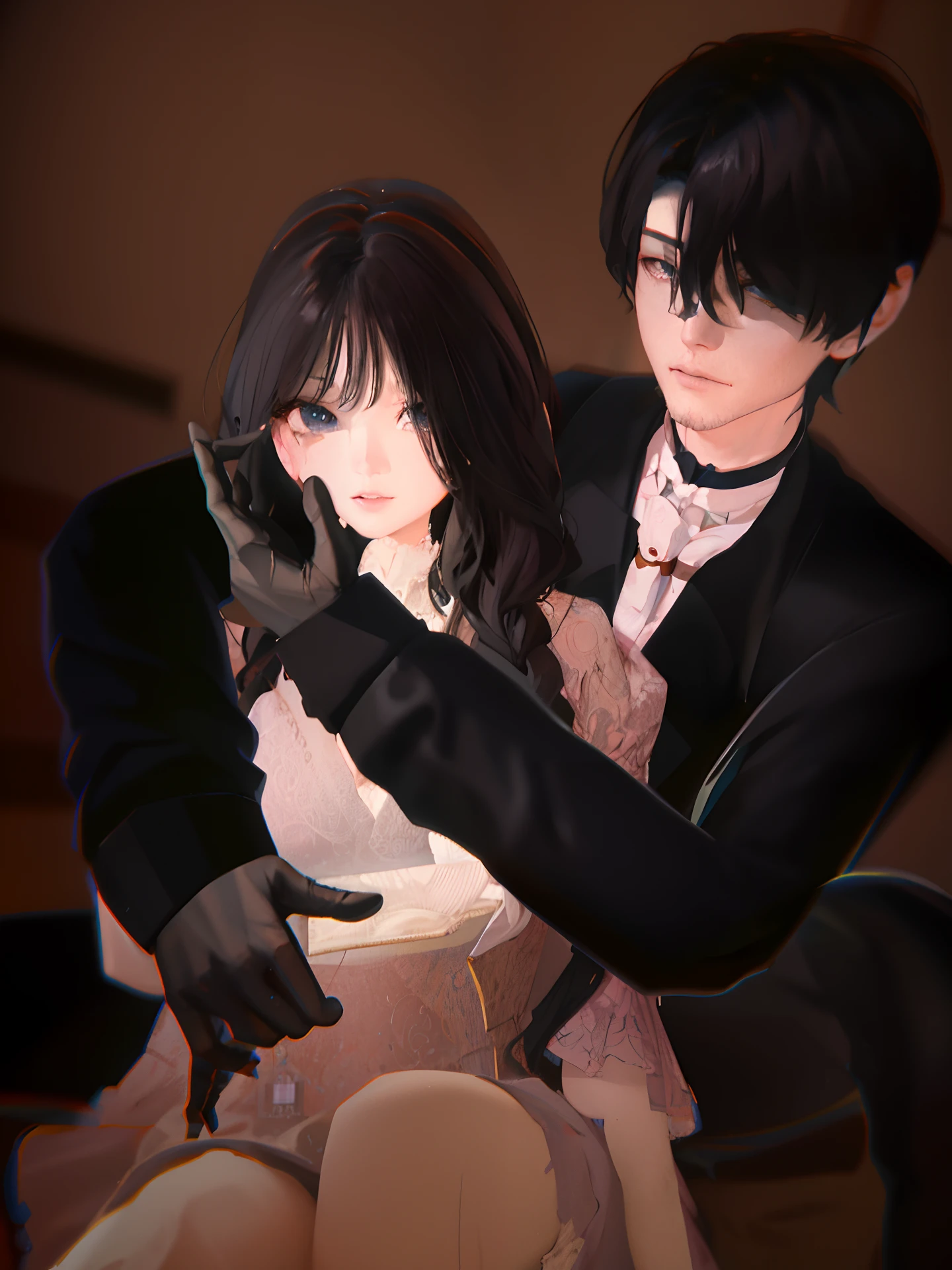 anime image of a man and woman in formal clothing standing next to each other, artwork in the style of guweiz, ( ( 3 d render ) ), roleplay, creepy pose, [ 4 k photorealism ]!!, crying and reaching with her arm, ((photorealistic)), [ 4 k digital art ]!!, couple pose, [ realistic photography ]