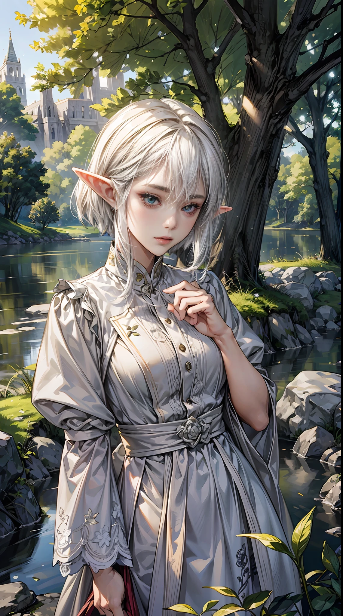 An image of a female elf exuding tranquility and elegance as she leans against a majestic tree in an enchanted woodland, by Yusuke Murata, Concept Art, Elf, Bob Cut, White Hair, Documentary Photography, Dramatic Lighting, GoPro HERO9 Black, Ground Level-view, Canon EF 16-35mm, Chic Outfit, insanley detailed face and eyes, Perfect lips.