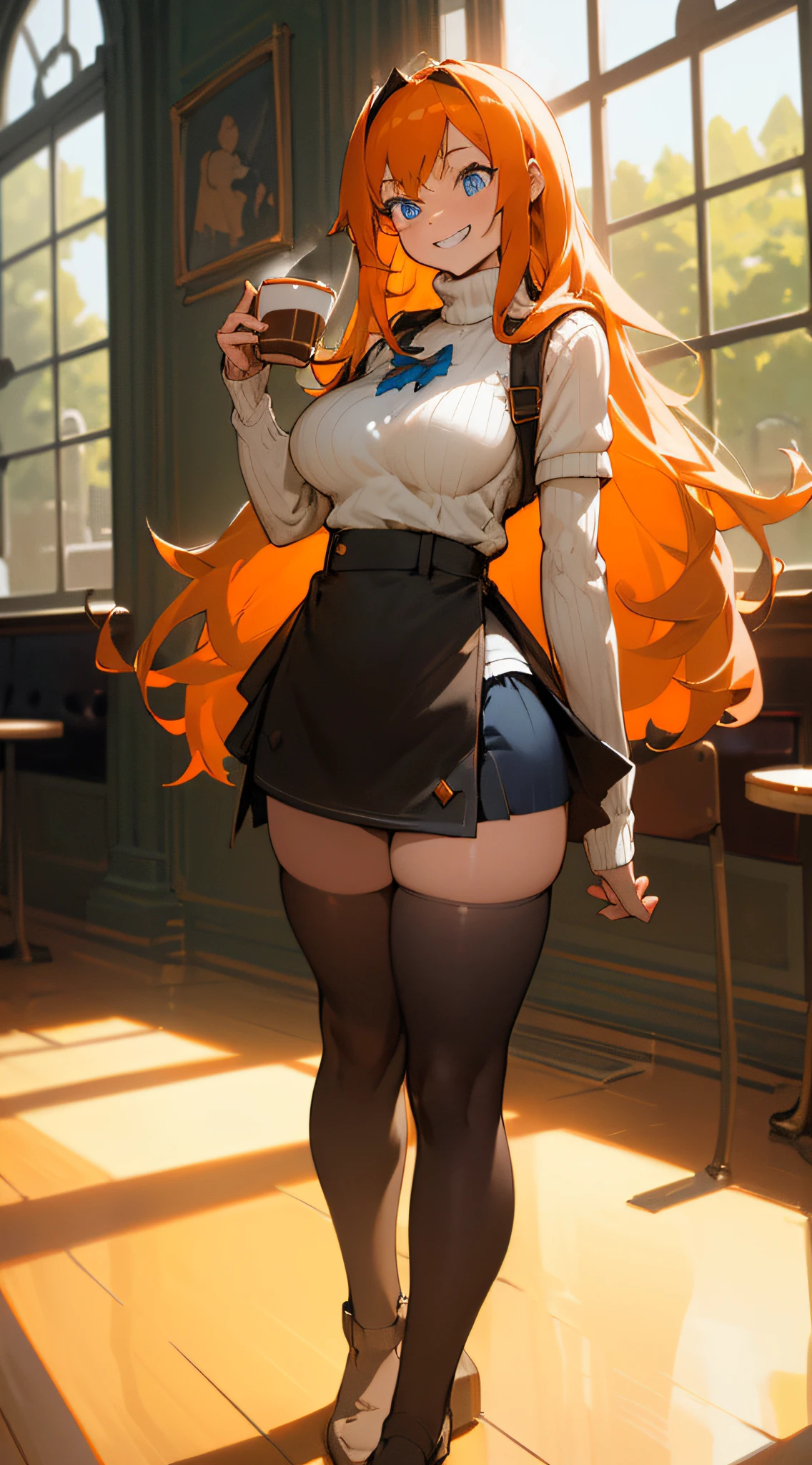 masterpiece, superlative, Ultra-detailed, illustrations, 1Girl, Solo, (Cafe Background, window, sunlights, flooring, at a distance:1.5), 8K images, (skiny:1.2), (Big breasts, Chubby thighs and ass:1.1), (orange long hair, Blue eyes:1.5), (sweater in white, Very short skirt, Black stockings under the skirt, high-heel:1.5), (malevolent grin:1.5), (standing at, quietly:1.5)