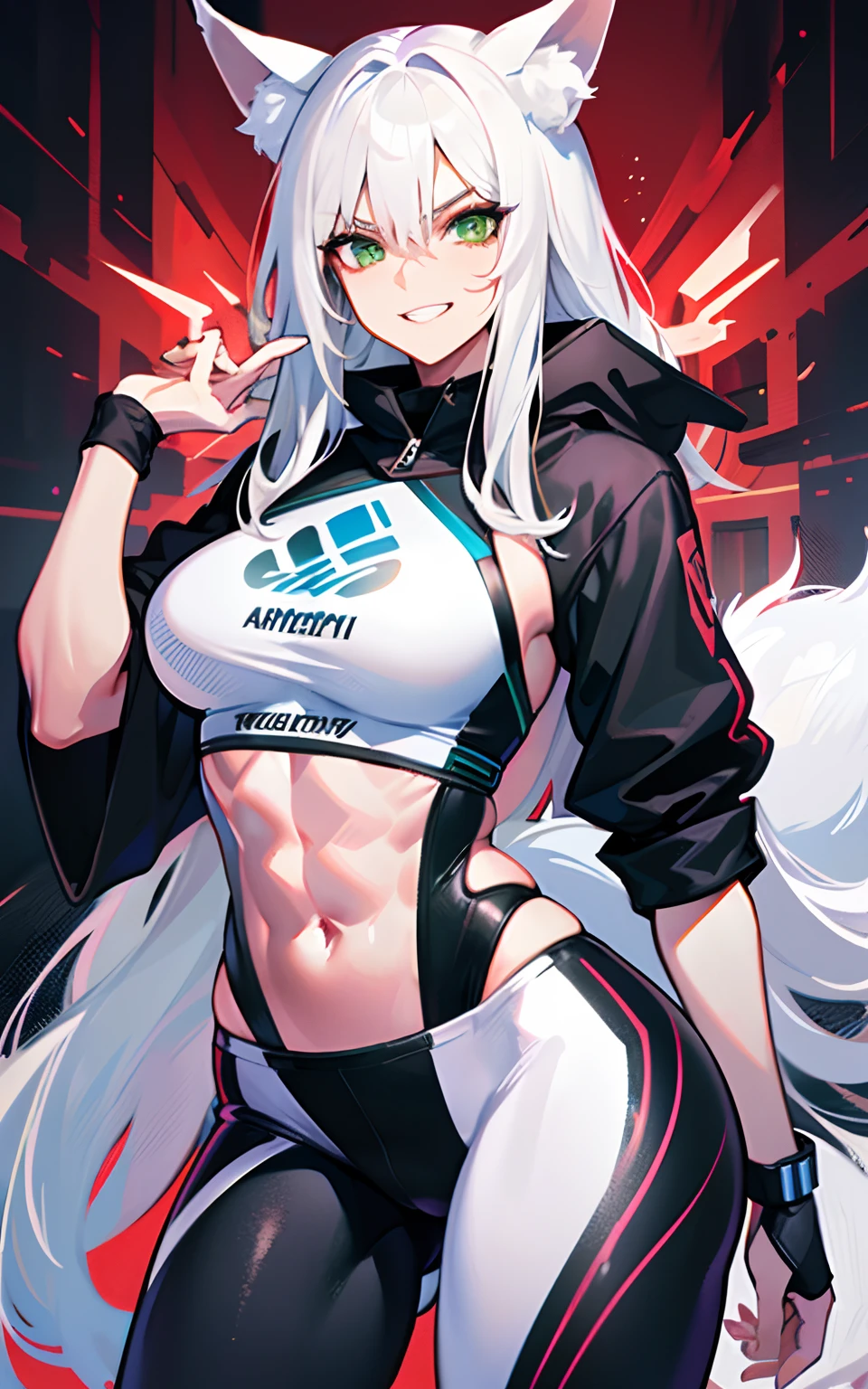 (Masterpiece: 1.5), (Best Quality: 1.5), Perfect Eyes, Perfect Face, Volumetric Lighting, 1 Woman, Mature Woman, (Whiteness: 5), fox ears, fox tail, white hair, green eyes, tall woman, medium breasts, yoga pants, streetwear, mean grin, muscular, sexy