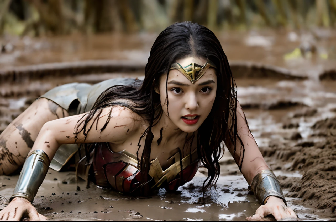 Female with Wonder Woman costume crawl in the mud Wet mud, Covered in mud, mud ground, Wearing a wonder woman costume, uhd candid photo of dirty, flying mud, dirty and sweaty, Dirty, Wearing sweat，Dirty, tar pit,