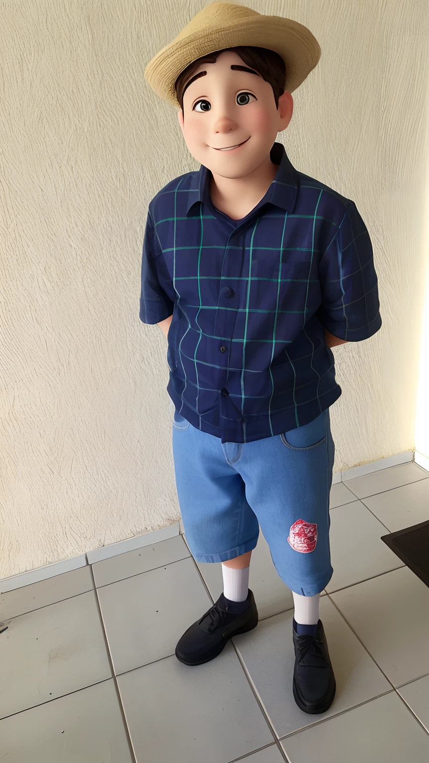 There's a smiling, shy 13-year-old boy who is slightly chubby,sentado em uma escada ao fundo, uma roda-gigante borrada em uma camisa azul,