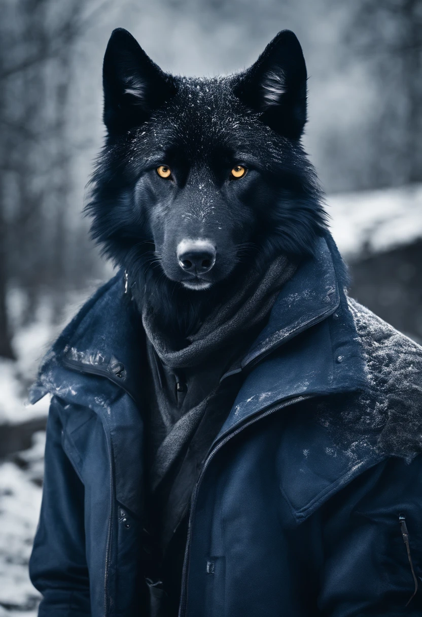 Dark Wolf of Geodata in a detailed hyper-realist photo shoot style，Dark blue fur