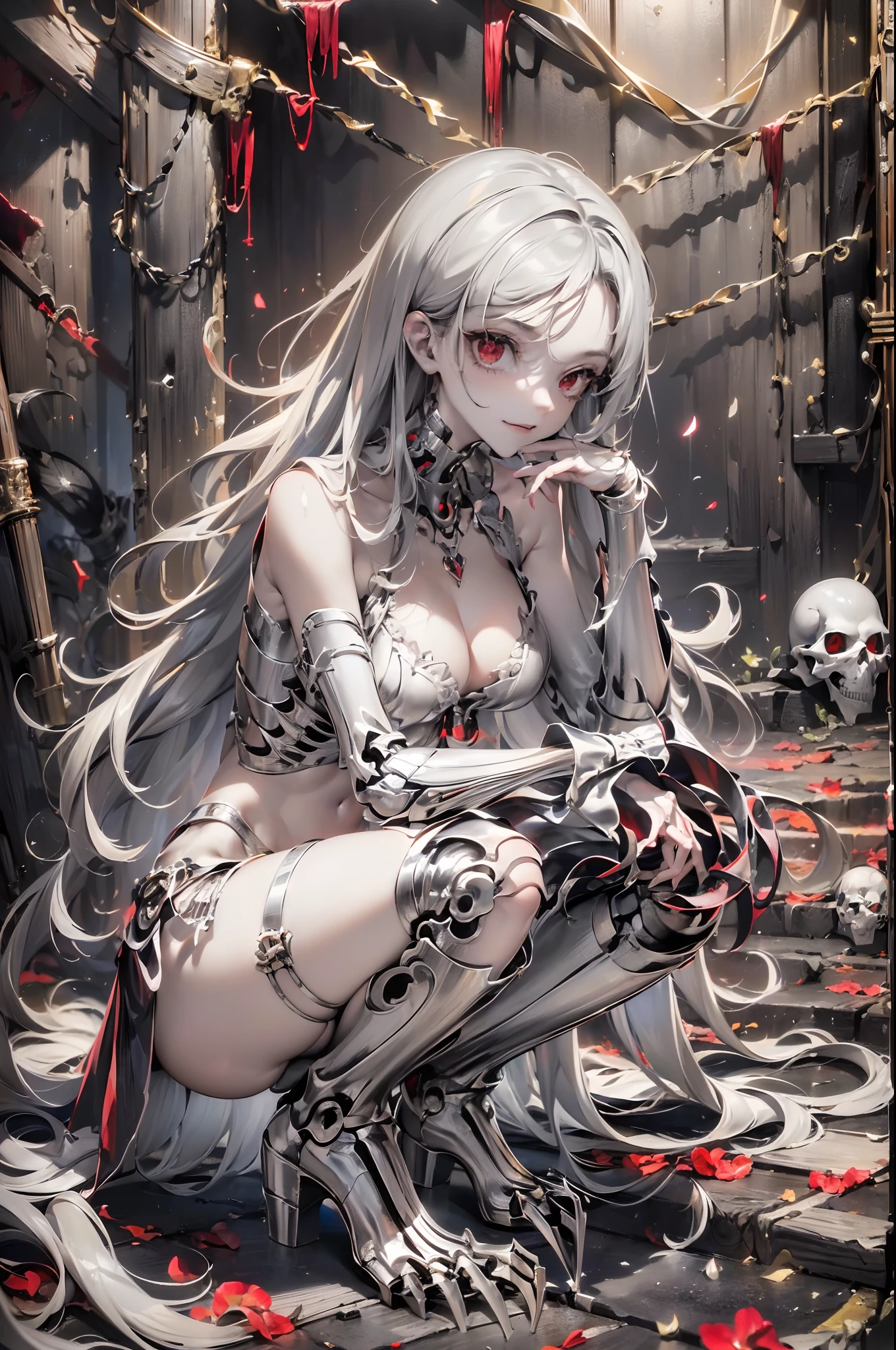 (Best quality), (Masterpiece), (Extremely detailed beauty: 1.2),
1 girl, Solo,(Silver Box: 1.15), (Silver skull: 1.4), (Silver skeleton: 1.2), (Silver: 1.4), (Silver spine: 1.3), (Open ribs: 1.4
Delicate and beautiful face, Cute face, (Black long hair), (Red eyes: 1.2), (Smile), (White high boots)
(Dark Hell: 1.2), (Dark exterior and interior ruins background), (There are many Silver skeletons on the ground: 1.25),cursed left arm,hand101,1girll